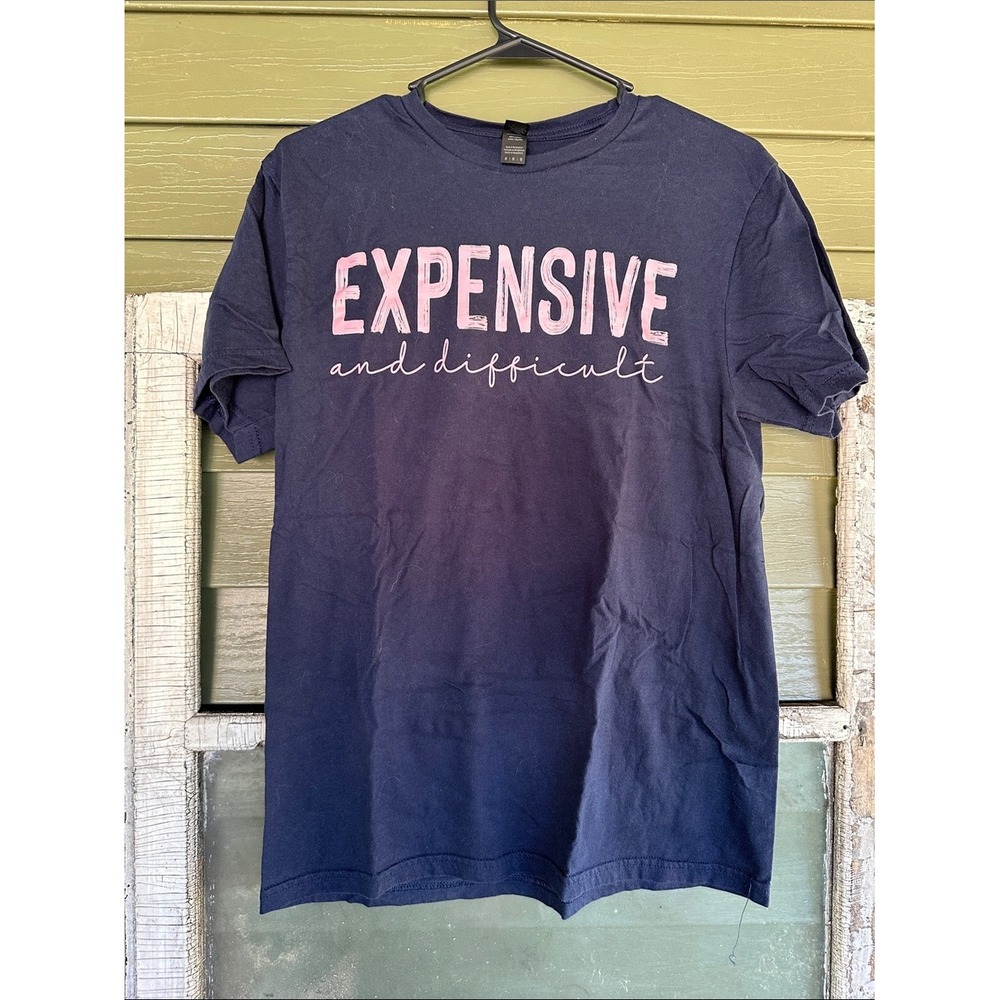 Gildan Softstyle Navy Blue Graphic Tee Expensive and Difficult Pink Text Medium